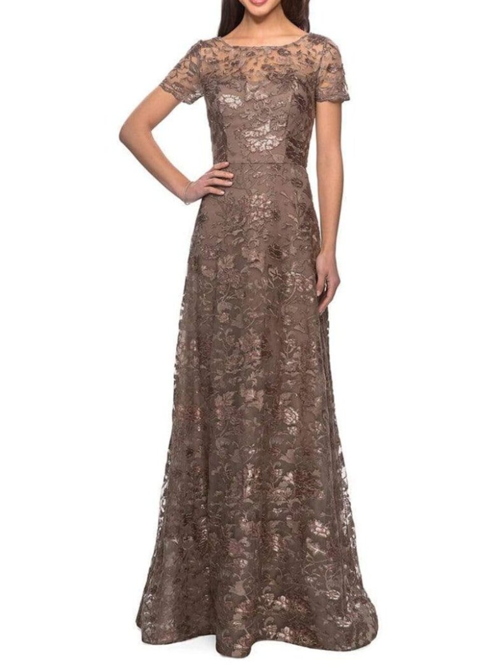 NWT La Femme 27839 Mother of the Bride Adorned Illusion Gown Cocoa Size 14
